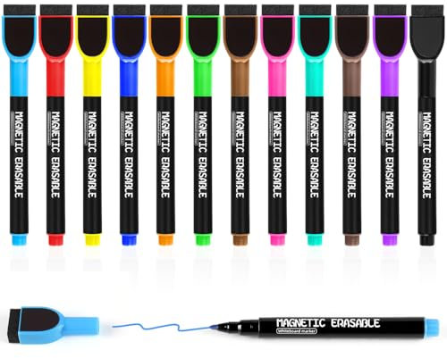 Autoau Whiteboard Marker Magnetisch 12 Farben Folienstift Abwischbar Whiteboard Stifte mit Schwamm, Dry Erase Marker mit Feiner Spitze für Schule Büro Zuhause Flipchart