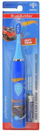 Brush Buddies Hot Wheels Battery Powered Sonic Electric Kids Toothbrush, Soft Bristles, Rounded Head, Children, Boys, Girls. Blue