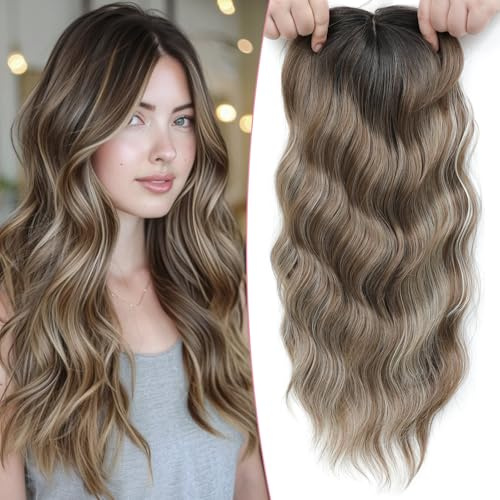Lasunork, Infoltitore per capelli da donna, ricci e ondulati, con pizzo legato a mano, clip e frangia (castano sfumato con riflessi biondi)