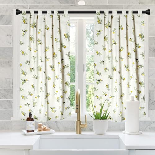 MORE FREE-Cortina Cocina de Estilo Español con Tirantes,Tela Opaca Máxima Privacidad para Comedor,50% Algodón 50% Poliester Aceitunas 140x145cm 2 Paneles
