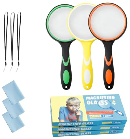 Jiayaus 3Pcs Magnifying Glass, 10X Handheld Kids Magnifying Glasses, 75mm
