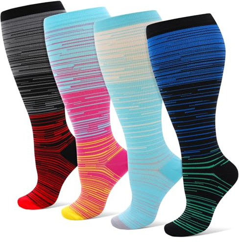 Zuimei 4 Pairs Plus Size Compression Socks for Women & Men, 20-30 mmHg Wide Calf Large Flight Socks Knee High Compression Stockings for Athletic Nurse Running Travel (XXL)