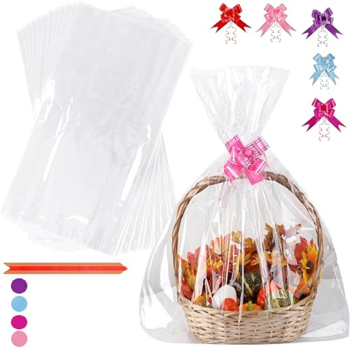 MEISO 10 buste trasparenti in cellophane con 10 fiocchi colorati, pellicola di cellophane 60 x 90 cm, pellicola regalo trasparente per fiori, cesti regalo, artigianato, confezione da 10 pezzi