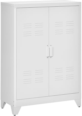 HOMCOM Armoire de bureau à 3 niveaux, meuble de rangement bureau métallique avec 2 portes et étagères réglables, armoire à dossiers pour domicile, garage, blanc