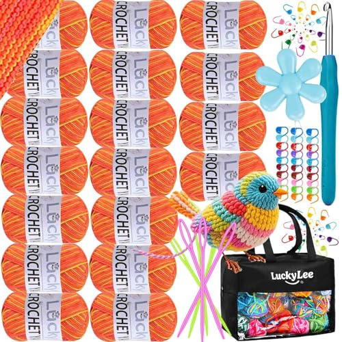 Handstickgarn, 18 x 25 g virkgarn, färgglatt färggradient akrylgarn för stickning, mjuk ull för virkning, flerfärgat garn för stickning virkning och pyssel (orange)