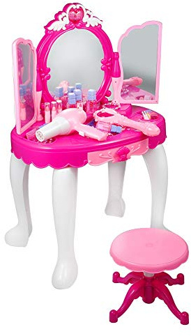 Omquot Coiffeuse Princesse Glamour avec Tabouret et Accessoires pour Enfants, Jeu de Simulation, Ensemble de Maquillage Rose, pour Les Filles de Plus de 3 Ans