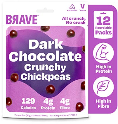 BRAVE Roasted Chickpeas: Healthy Snack, Low Calorie - Dark Chocolate (12 x 30g Packs)