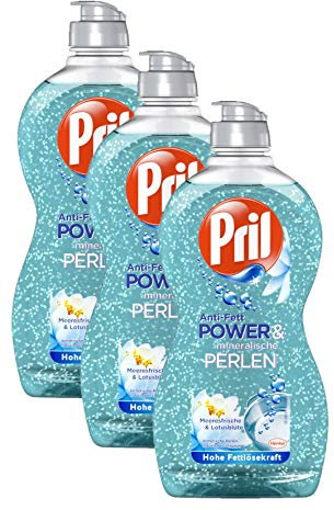 Pril Anti-Fett Power & mineralische Perlen Meeresfrische & Lotusblüte Geschirrspülmittel 3 x 450 ml