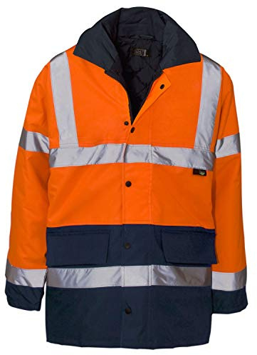 Two-Tone Hi-Vis Parka Jacket with Padded Quilted Lining and Detachable Hood (X-Large, Orange / Navy)