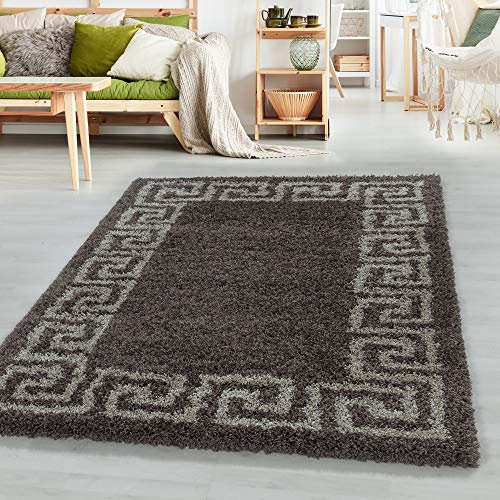 SIMPEX Hochflor Teppich, Mäander-Design, Teppich Taupe, 120 x 170 cm, Teppich modernen Stil, Teppich Wohnzimmer