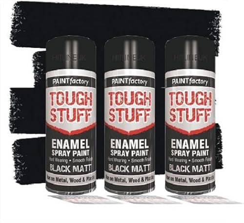 HitlineUK 3 X 400ML MATT BLACK SPRAY PAINT FOR METAL WOOD PLASTIC Interior Exterior Black Spray Paint Matt By Tough Stuff