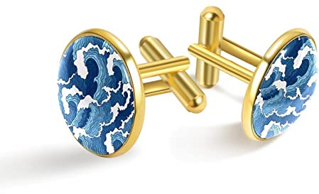 Gemelli in oro personalizzati per camicia da smoking modello onda mare blu colore bianco, 20mm*20mm, Acciaio inossidabile, Quarzo creato