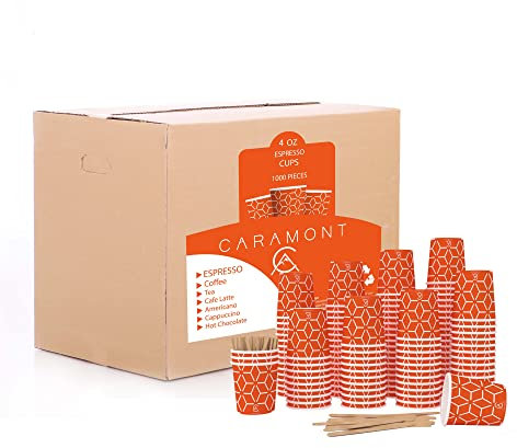 Caramont,4 Oz 1000 Espresso Gobelets en Carton avec Agitateurs en Bois,Écologique et Jetables,Résistant à la Chaleur,Carton de Qualité,Idéal pour Toutes Les Boissons Chaudes ; Café,Thé,Chocolat etc.