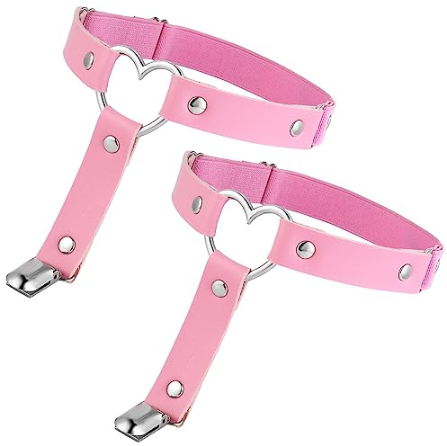 Yolev 2Pcs Women Adjustable Leather Thigh Garter Heart Shaped Leg Garter with Clips Punk Goth Garters for Thigh-high Socks (Pink)