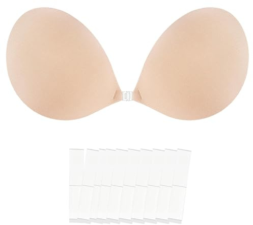 SJUIEO Sujetador Autoadhesivo Sin Tirantes Sin Espalda para Mujer Copa B - Botones Ocultos con 10 Pegatinas Anti-Exposición Cubierta Reutilizable para Pezones para Mujer (Color Piel)