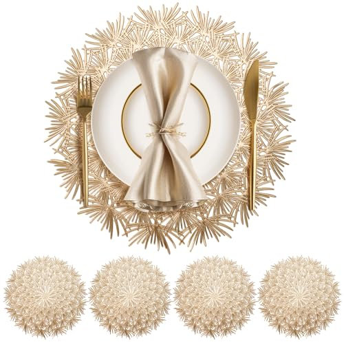 Manteles Individuales Lavables PVC Salvamanteles Individuales Redondos Juego de 4 Manteles Individuales Oro Resistentes Al Calor para Mesa de Cocina y Restaurantes