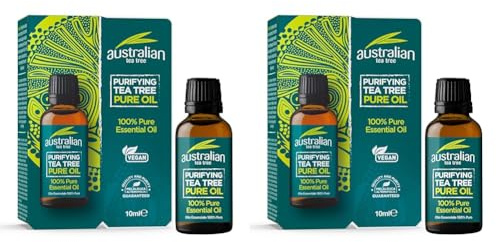 Australian Tea Tree Olio Puro all’Albero del Tè, Purificante, Vegano, Non testato sugli animali, Senza Parabeni e SLS, Olio Essenziale Puro al 100%, Naturale, 10ml (Confezione da 2)