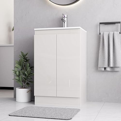 BELOFAY 500mm Floor Standing Bathroom Vanity Unit With Basin - Laquered Cloakroom Vanity Unit with 1 Tap Hole Ceramic Basin and Soft Close Hinges. (WASTE INCLUDED) (Denvor White)