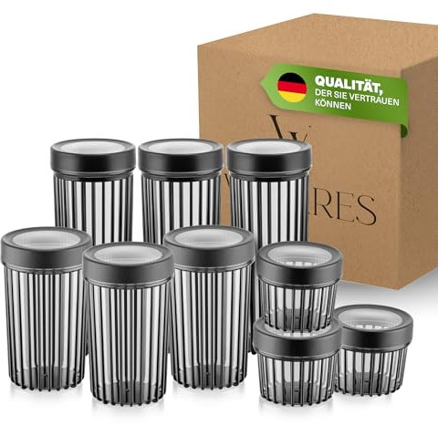 Viwares Vorratsdosen mit Dreh-Deckel - Stapelbares 9er Vorratsbehälter Set in drei Größen - BPA-frei - Zur Müsli Mehl und Zucker Aufbewahrung - Praktische Aufbewahrungsbox für alle Lebensmittel