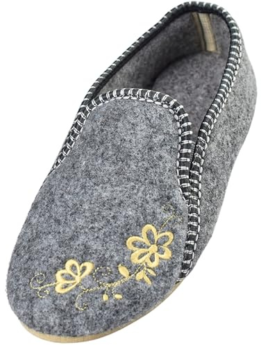 APREGGIO Chaussons Femme Feutre - Pantoufles Chaudes Semelle Caoutchouc -Graue Broderie - Tailles 36