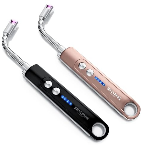 Brandson - Feuerzeug elektrisch 2er Set - Stabfeuerzeug Lichtbogen mit Akku - USB aufladbar - Kaminanzünder - für Küche Kerzen Gasherde Grill Kamin - inkl. Beleuchtung - Taschenlampenfunktion