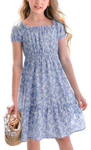 Haloumoning Mädchen Kleider Eckiger Ausschnitt Blumenkleid Kleider Sommer Puffärmel A-Linie Midikleid Kinder Partykleid,Blau,13-14 Jahre