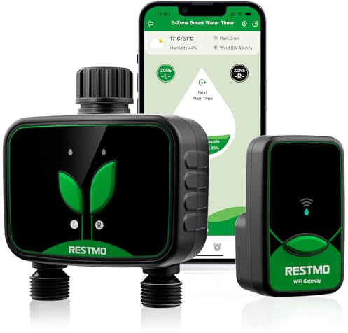 RESTMO WiFi Water Timer, Programmable Hose Timer 2 zones | 2 Zone Irrigation Timer with Automatic/Manual/Rain Delay System for Drip Irrigation, Garden Sprinkler, Lawn and Yard Watering