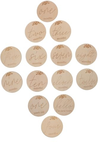 DOITOOL 14 st milstolpe-kort i trä diameter tjocklek fotorekvisita för nyfödda tillkännagivande och duschsouvenirer
