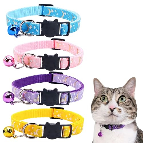 JYXNU 4 Pezzi Collare Gatto Antistrozzo con Campanellino e Fibbia di Sicurezza Regolabile Collare per Gatti e Gattini con Motivo a Cartone Animato Collarino Gatto Set