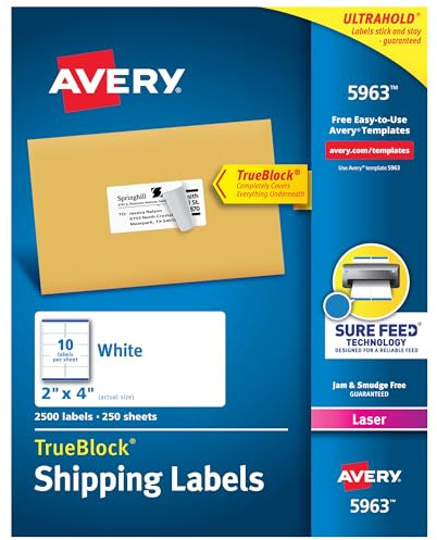 Avery Printable Shipping Labels with Sure Feed, 2 x 4 Customizable Stickers, White, 2,500 Blank Mailing Labels, Great for Mailing, Shipping, and More (5963)