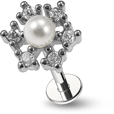 Fiocco di Neve in Pietra cz con Perla 16 Calibro Chirurgico Acciaio elica Tragus Orecchio Gioielli Piercing
