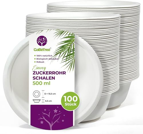 100 Cuencos Desechables Papel de caña de azúcar de 500 ml. Vajilla desechable Biodegradable extrafuerte de Color Blanco. Bowl para Fiestas y desayunos. Cuencos de bagazo.