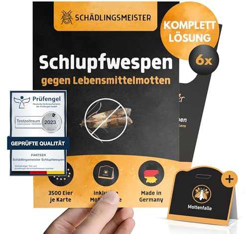 Panteer® Schlupfwespen gegen Lebensmittelmotten + GRATIS Mottenfalle - 18 Karten (6 Karten à 3 Lieferungen) - Schlupfwespen - Lebensmittelmotten Falle - Schlupfwespen gegen Motten - Made in Germany