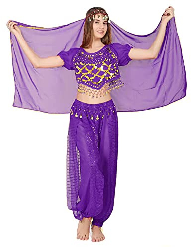 Set di 3 pezzi da donna per danza del ventre, biancheria indiana con paillette Viola, taglia unica per costume da principessa