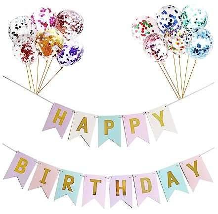 Steemjoey Guirnalda Feliz Cumpleaños, Banner Colores Macaron, Happy Birthday con 12 Globos Purpurina para Decoración de Fiesta (Globos Color Aleatorio)