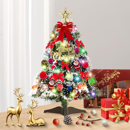 Mini Alberi di Natale, Albero di Natale artificiale 60 cm, Albero di Natale da Tavolo, con Luci e Ornamenti per Feste di Natale Ornamenti da Tavola in Home Office Decorazione da Tavolo