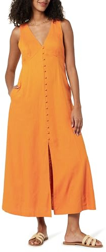The Drop Vestido Largo Blanca de Lino con Cuello en V y Botones Frontales para Mujer, Roble Dorado, S