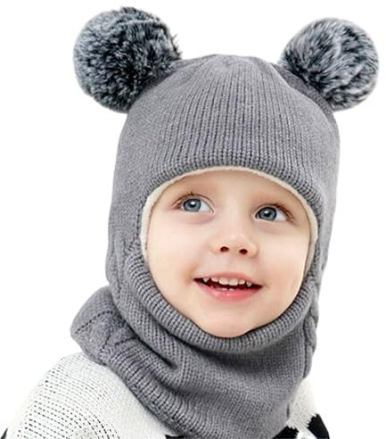Baby Winter Hat,Winter Hats for Kids Winter Warm Hat Hooded Scarf Set Windproof Beanie Cap,Toddler Winter Hat Pom Pom Hats for Babies 1-3 Boys Girls Christmas Birthday Gifts (UK, Age, One Size, Grey)
