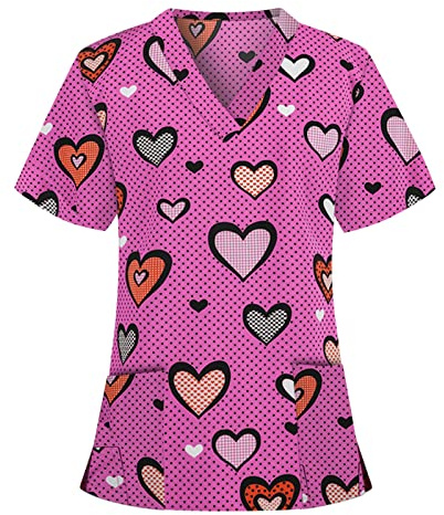 Scrubs for Women Medical Uniform Nurse Hospital Scrub Tops Cute Print V-Neck Adult Workwear Doctor Work Uniform Comfy Blouse with Pockets X-Large Hot Pink