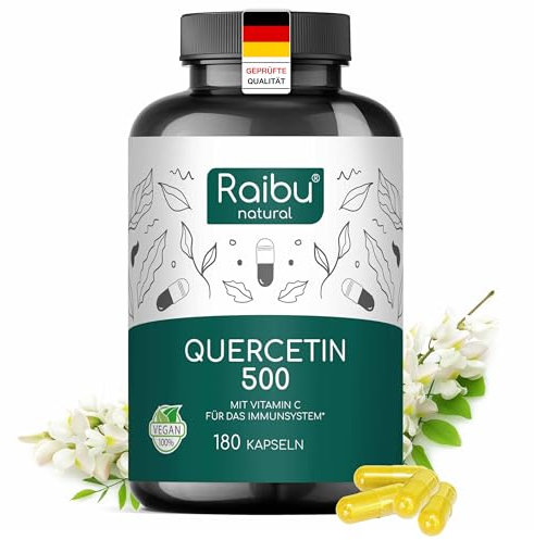 Quercetin Hochdosiert - 180 Kapseln - 500 mg Quercetin pro Kapsel - Vorrat für 6 Monate - Hochwertiger Rohstoff: Japanischer Schnurbaum - Ohne Zusätze & Vegan- Raibu