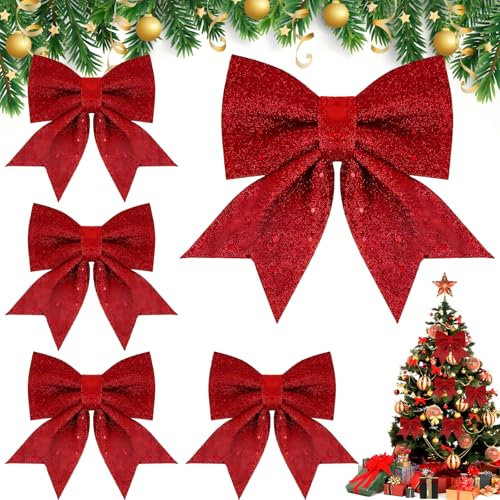 ZZQVIP Weihnachtsschleifen Set - 1 große und 4 kleine Schleifen, rote Schleifen für Weihnachtsbaum, Baumschmuck rot, ideal für Baum, Kamin und Kranz, Leicht, 21x24cm/17x18cm