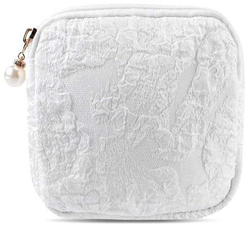 Liten sminkväska, Mabor Mini sminkväska för handväska kosmetisk dragkedja påse rese toalettväska Preppy sanitär servett förvaringsväska för flickor kvinnor (vit)