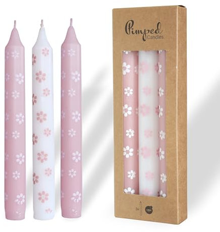 COMFORDER Taper Candles Set Printed, 3 x Table Candles with Motifs - Small Flowers, 20 cm, 7 Hours Burning Time (Pink + White)