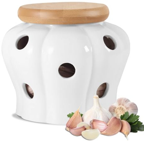 Bocaux de conservation pour ail : pot à ail en céramique avec couvercle en bambou et trous d'aération, respirant, récipient de rangement pour oignons, poivrons, oignons, gingembre