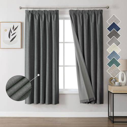 Joydeco Cortinas Opacas de Lino 100% con Cinta fruncidora, Juego de 2 Unidades, 137 x 132 cm, Color Gris, térmicas, protección contra el frío, Opacas, protección acústica, Ideal para salón, se Adapta