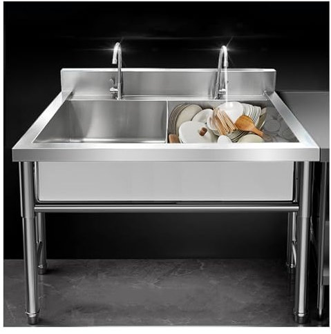 Commercial Double Bowl Stainless Steel Sink with Adjustable Feet R Corner Design Enlarged Washbasin (39.4x23.6x31.5) Durable Kitchen Utility Sink with Raised Stopper
