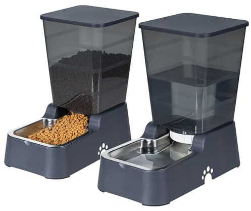 Set di Alimentatore Automatico per Cani e Gatti con Ciotola in Acciaio Inox 304 e Dispenser Acqua, Adatto per Cani e Gatti di Taglia Media e Grande, Grande Capacità 5,3L/1,4 Galloni x2 (Set Nero)