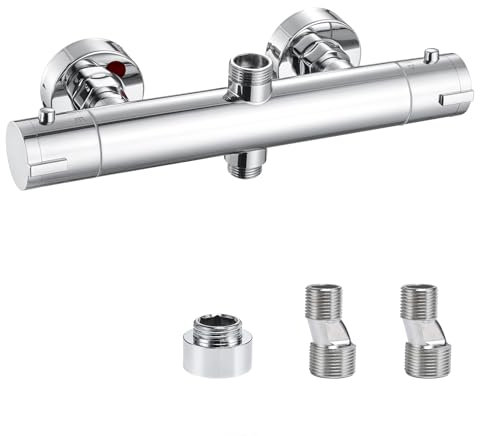 Duscharmatur mit Thermostat 2 Auslässen Duschthermostat Aufputz Wandmontage Mischbatterie Dusche Thermostat, Oben 3/4BSP+Unten 1/2BSP, Armatur mit 38°C Sicherheitstaste Verbrühungsschutz, Chrom
