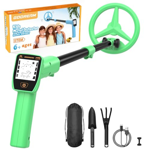 GDDREAM Detector de metales, detector de metales recargable para niños, kit de detector de metales ajustable de 23.6 a 34.2 pulgadas con pantalla LCD divertida, bobina impermeable IP67 de 6.5 pulgadas