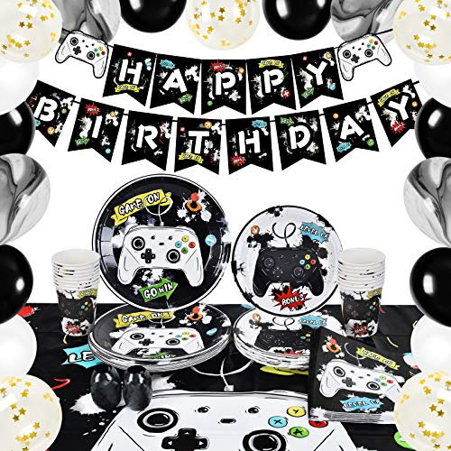 WERNNSAI Videospiel Party Zubehör - Spiel Party Dekoration für Jungen Geburtstag Banner Teller Servietten Tischdecke Geschirr Set Dient 16 Gäste 89 PCS